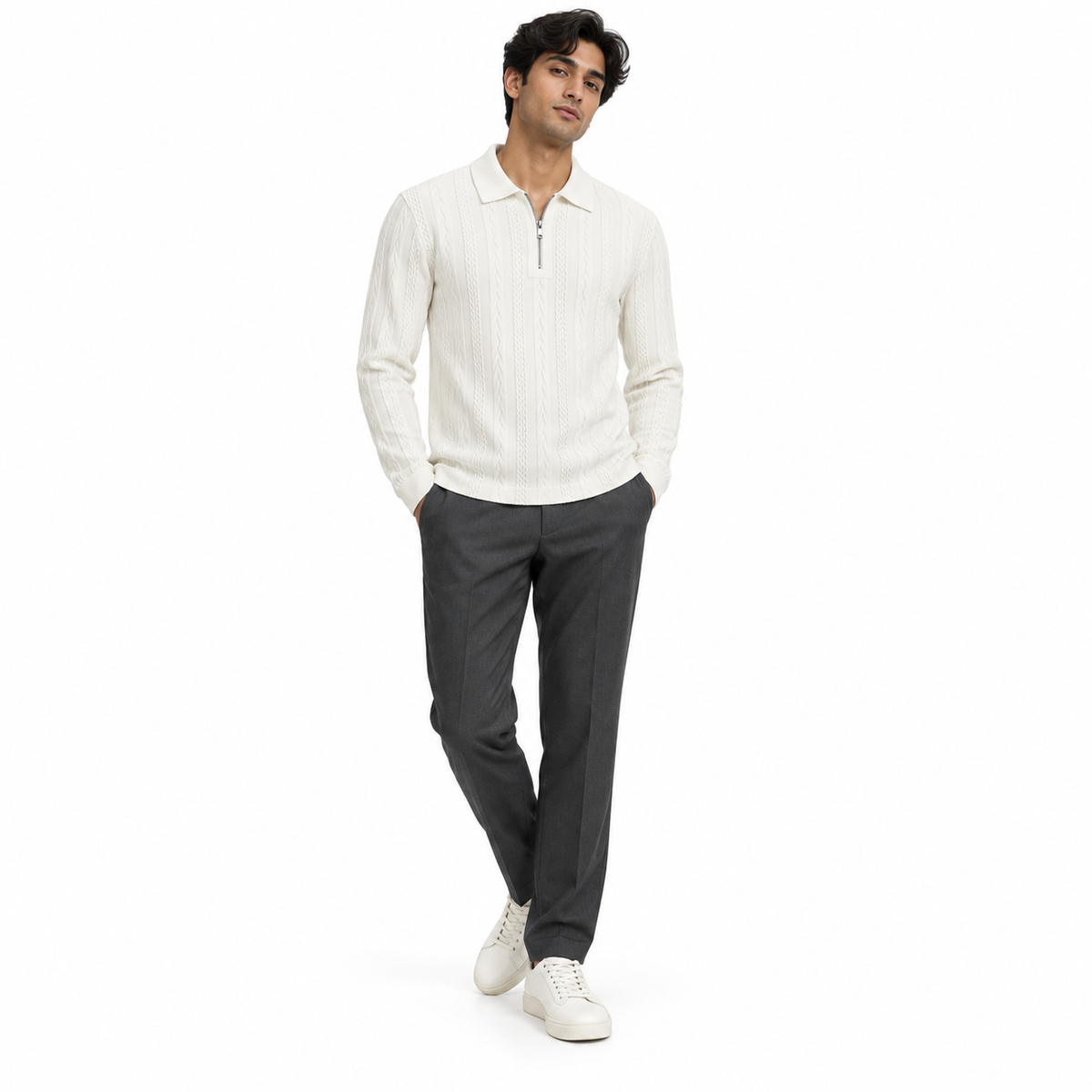 Off White Cable-Jacquard Quarter-Zip Polo Tee | Relaxed Fit