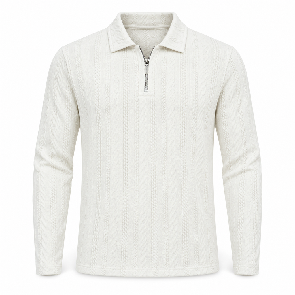 Off White Cable-Jacquard Quarter-Zip Polo Tee | Relaxed Fit