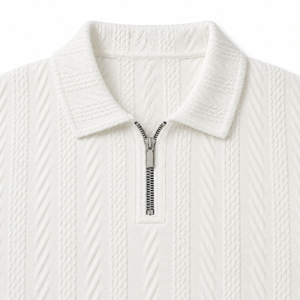 Off White Cable-Jacquard Quarter-Zip Polo Tee | Relaxed Fit