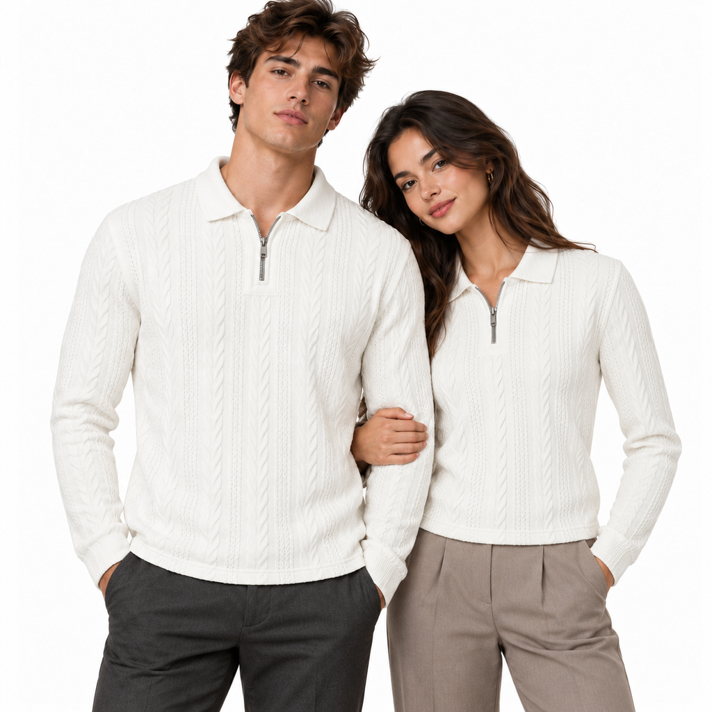 Off White Cable-Jacquard Quarter-Zip Polo Tee | Relaxed Fit