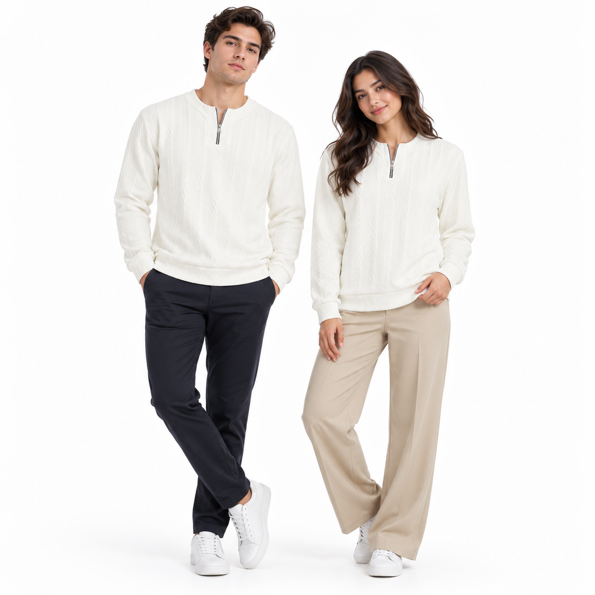 Off White Cable-Jacquard Quarter-Zip Polo Tee | Relaxed Fit