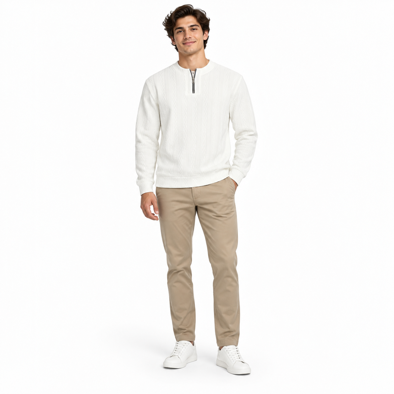 Off White Cable-Jacquard Quarter-Zip Polo Tee | Relaxed Fit