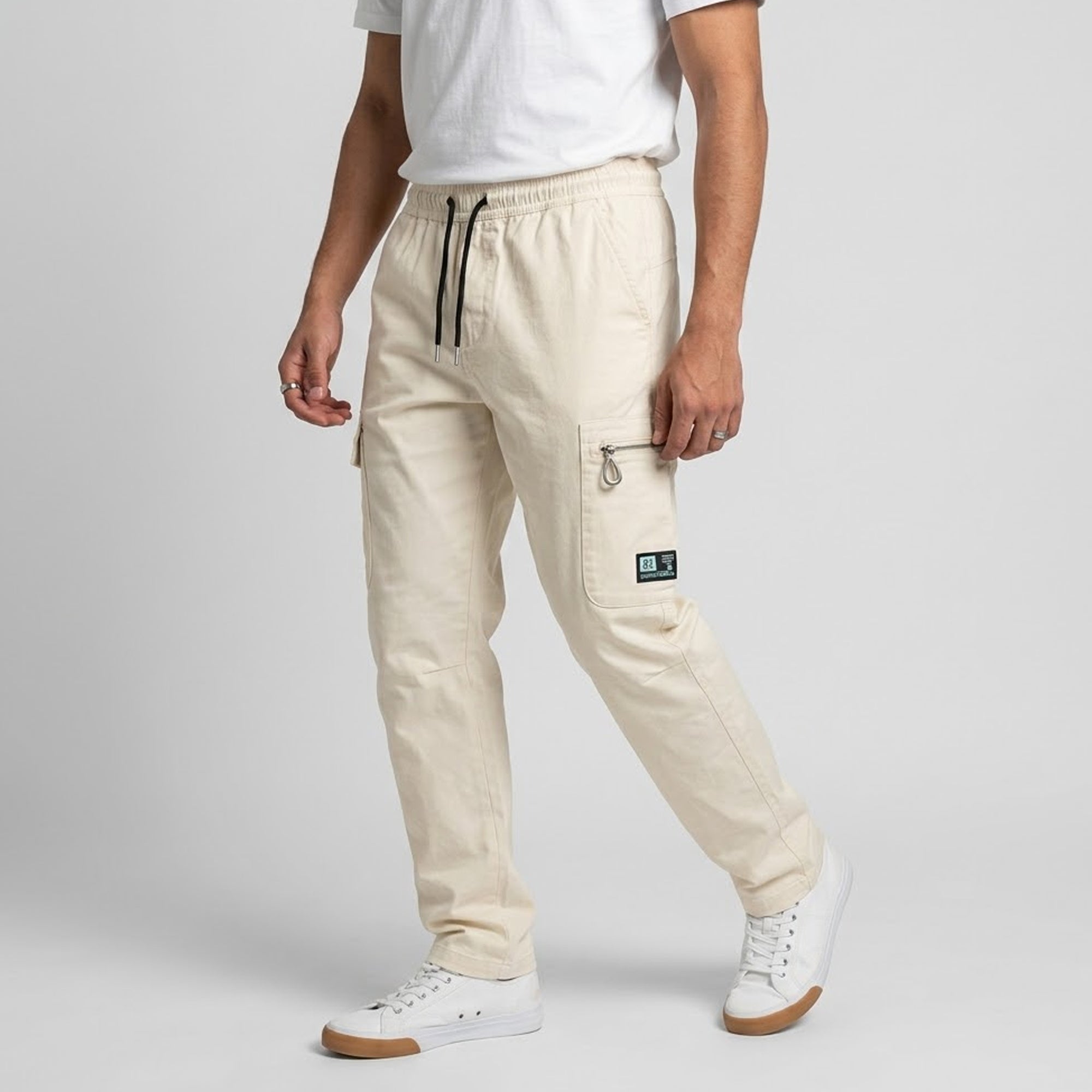 Off White Cotton Cargo Pants - Regular Fit Utility Trousers