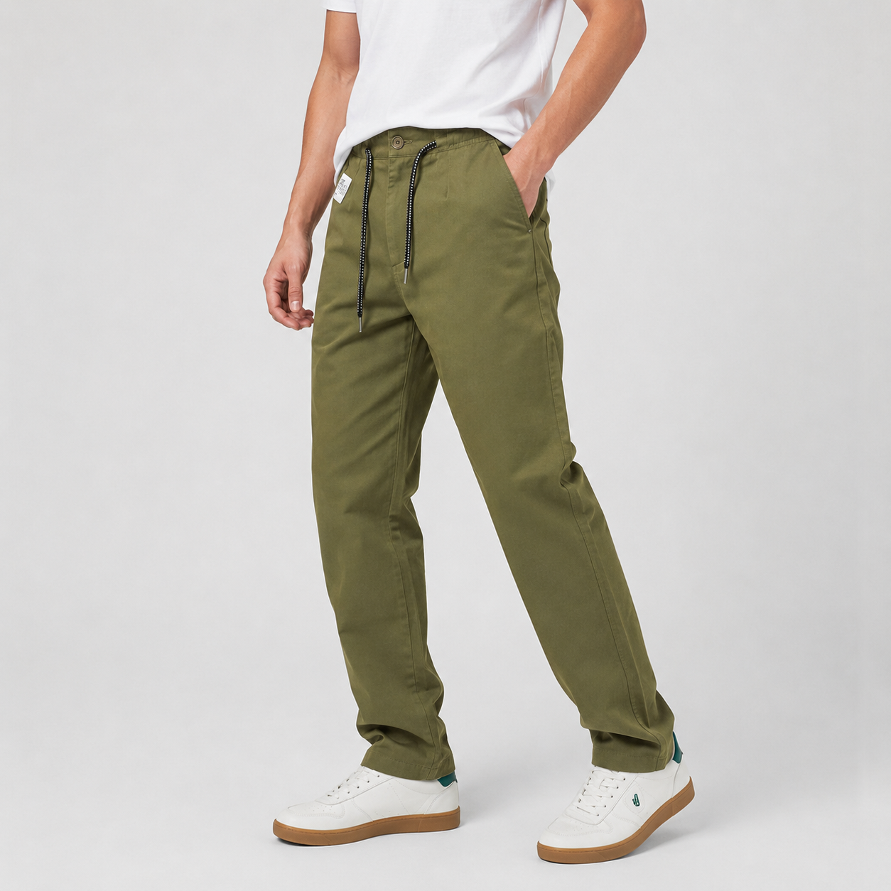 Olive Green Drawstring Cotton Trousers - Pants - Semi-Baggy