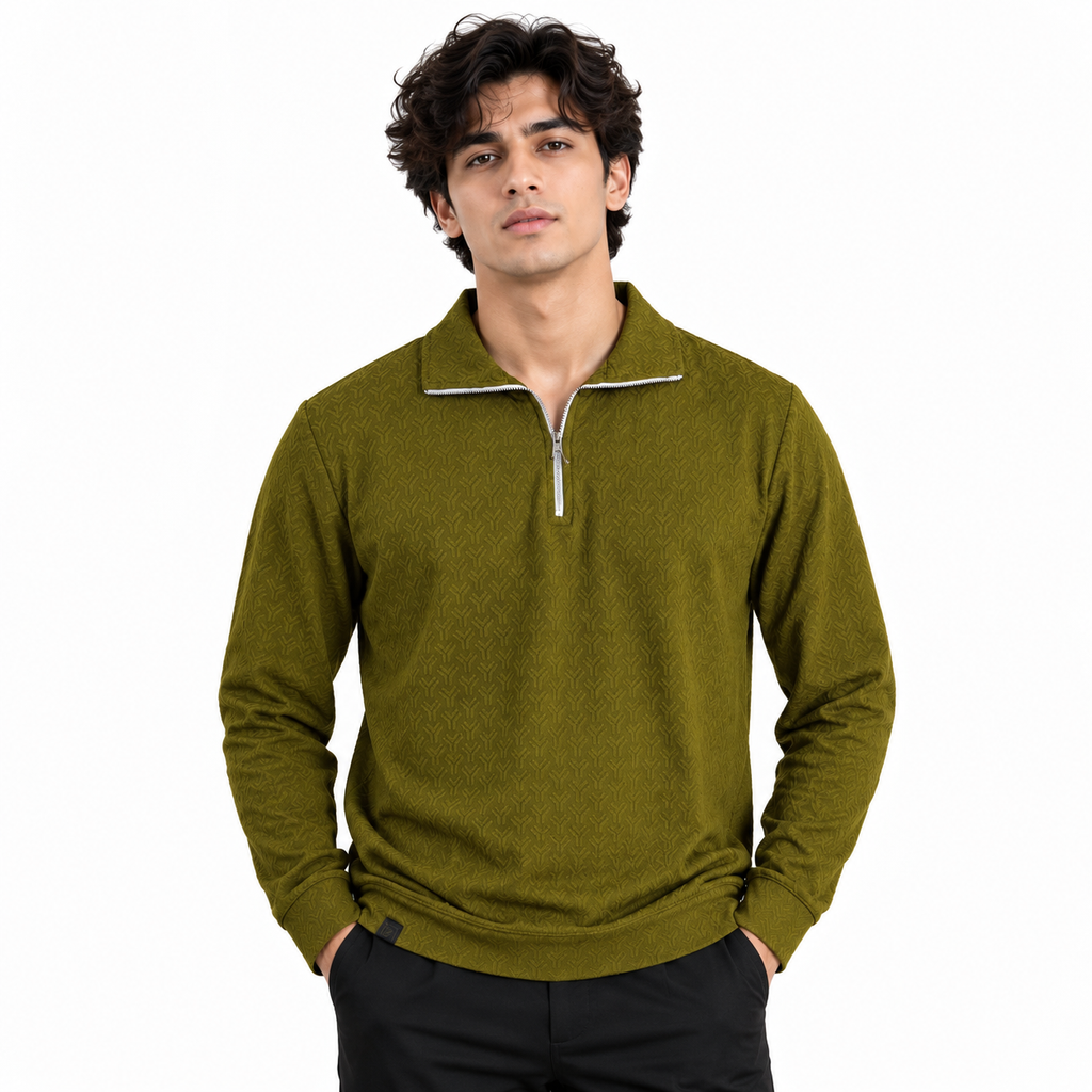 Olive Jacquard Quarter-Zip Full Sleeve Tee | Relaxed Fit