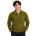 Olive Jacquard Quarter-Zip Full Sleeve Tee | Relaxed Fit