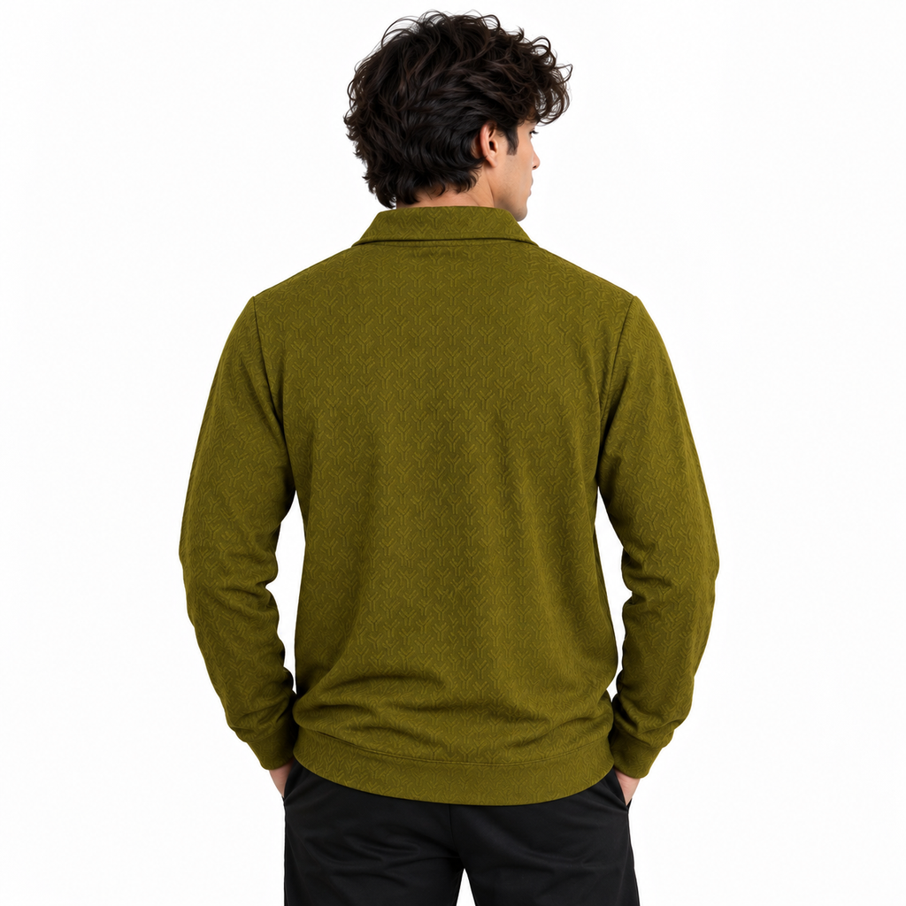 Olive Jacquard Quarter-Zip Full Sleeve Tee | Relaxed Fit