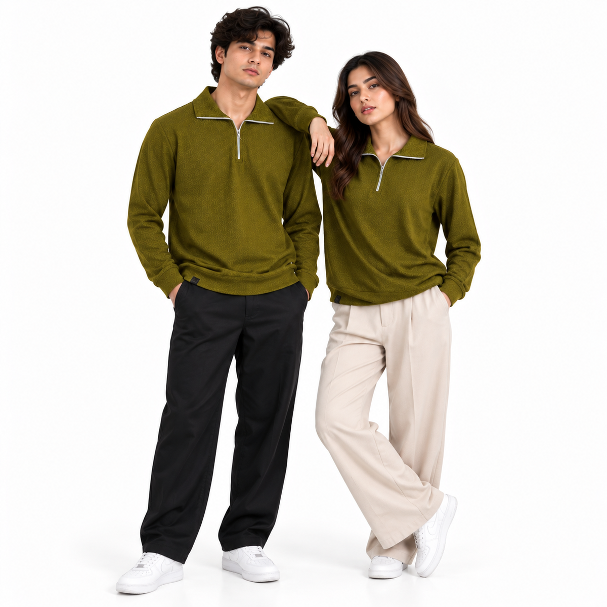 Olive Jacquard Quarter-Zip Full Sleeve Tee | Relaxed Fit