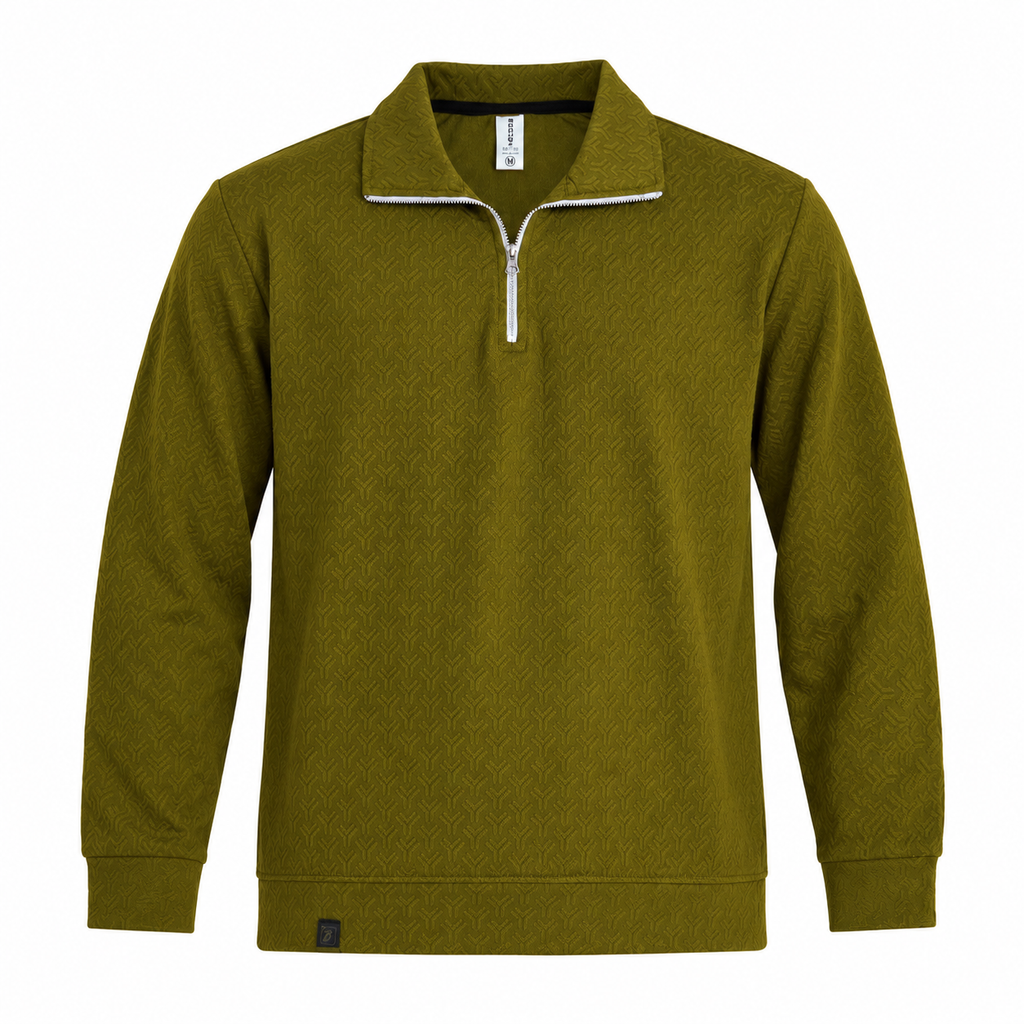 Olive Jacquard Quarter-Zip Full Sleeve Tee | Relaxed Fit