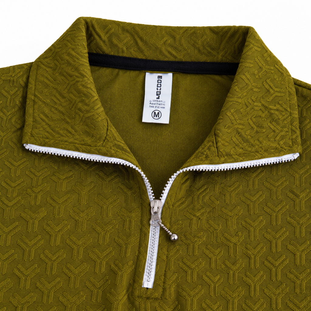 Olive Jacquard Quarter-Zip Full Sleeve Tee | Relaxed Fit