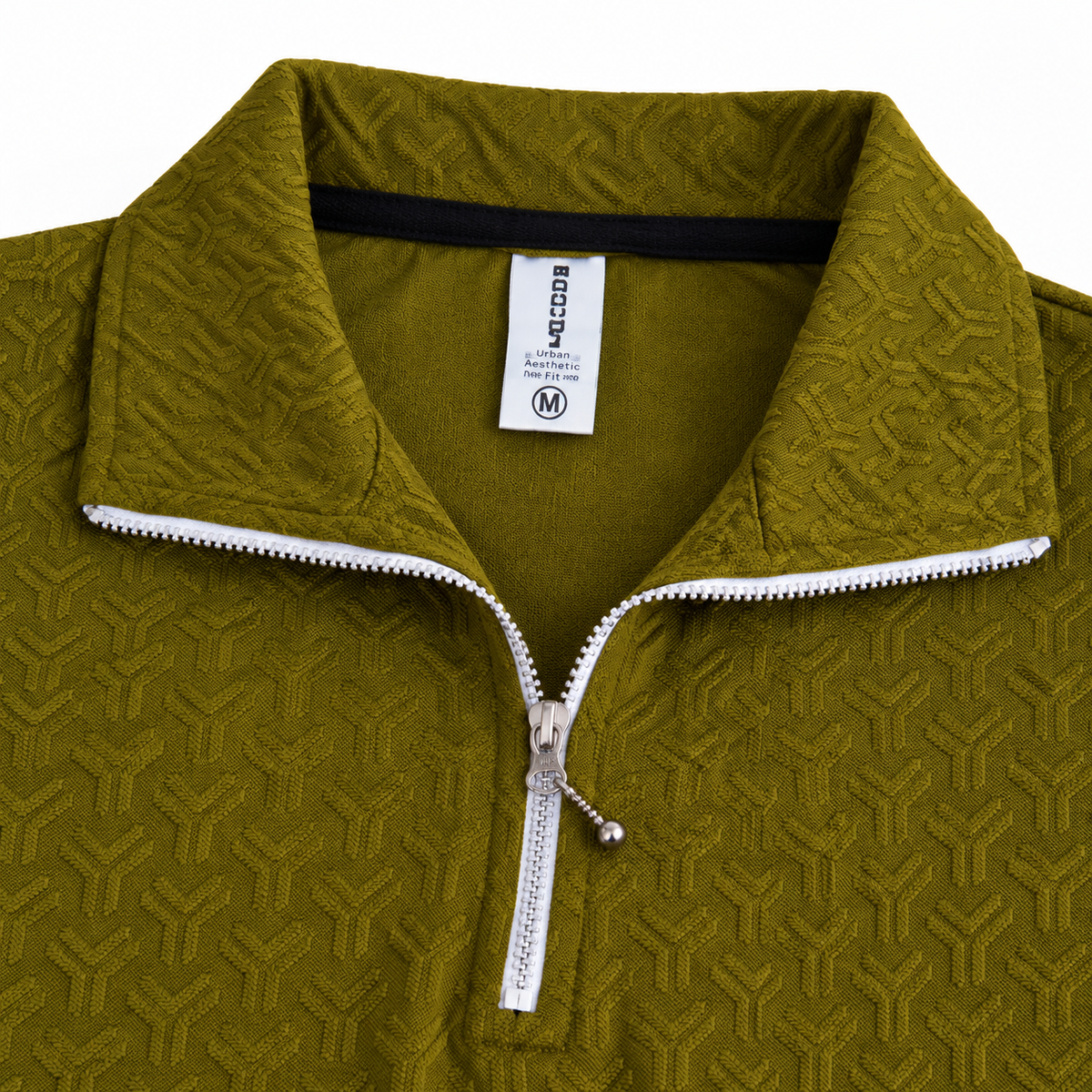 Olive Jacquard Quarter-Zip Full Sleeve Tee | Relaxed Fit