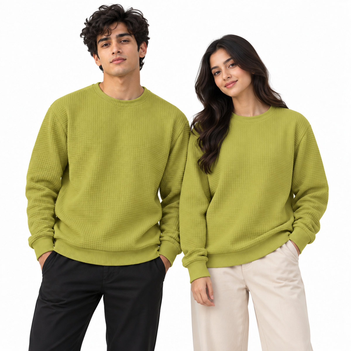 Olive Lime Green Waffle Textured Crewneck Sweatshirt – Unisex