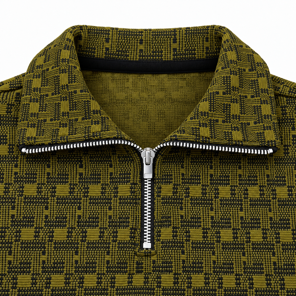 Olive Mustard & Black Geometric Half-Zip Polo Sweatshirt – Unisex