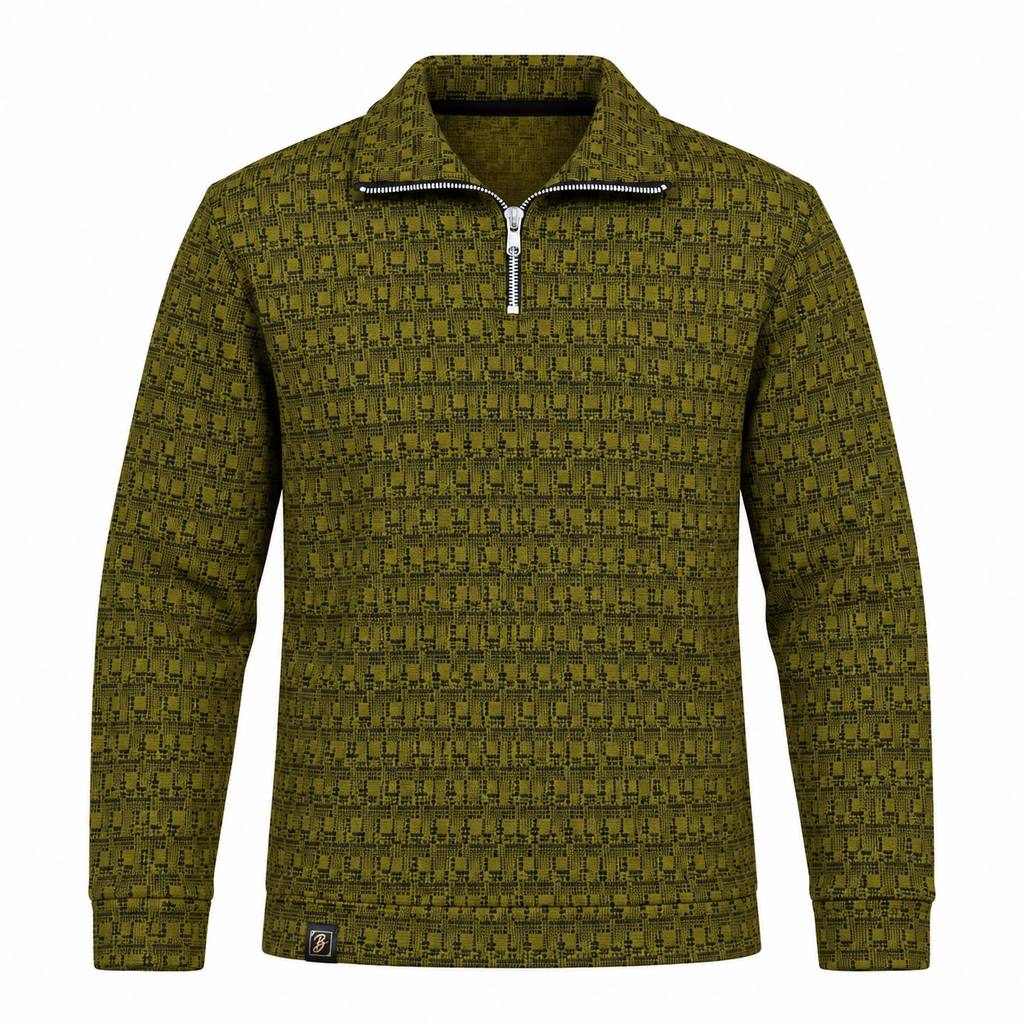 Olive Mustard & Black Geometric Half-Zip Polo Sweatshirt – Unisex