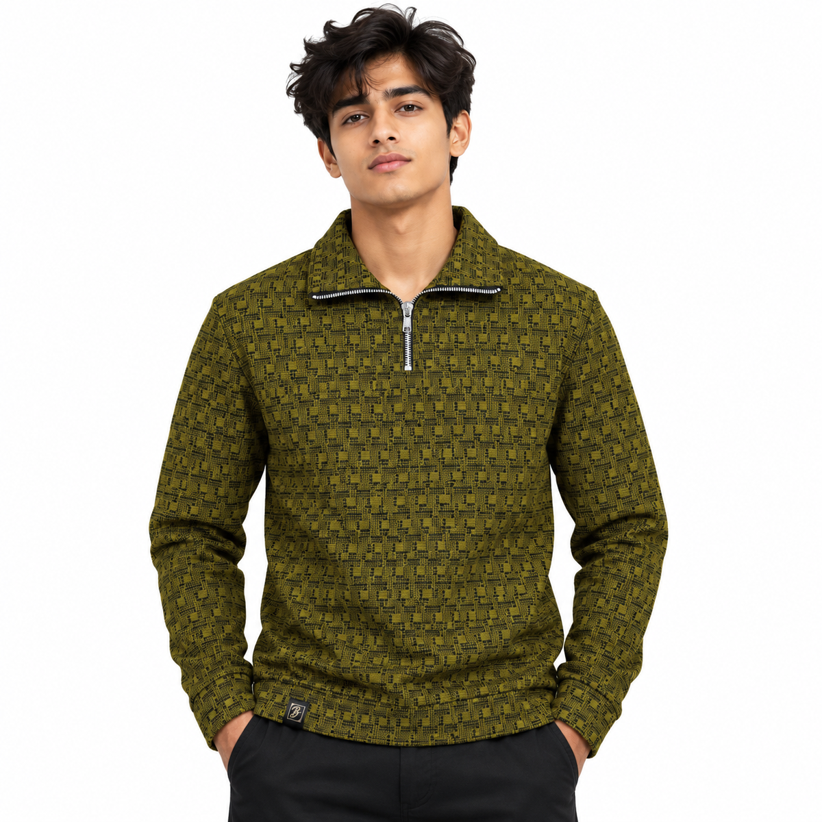 Olive Mustard & Black Geometric Half-Zip Polo Sweatshirt – Unisex