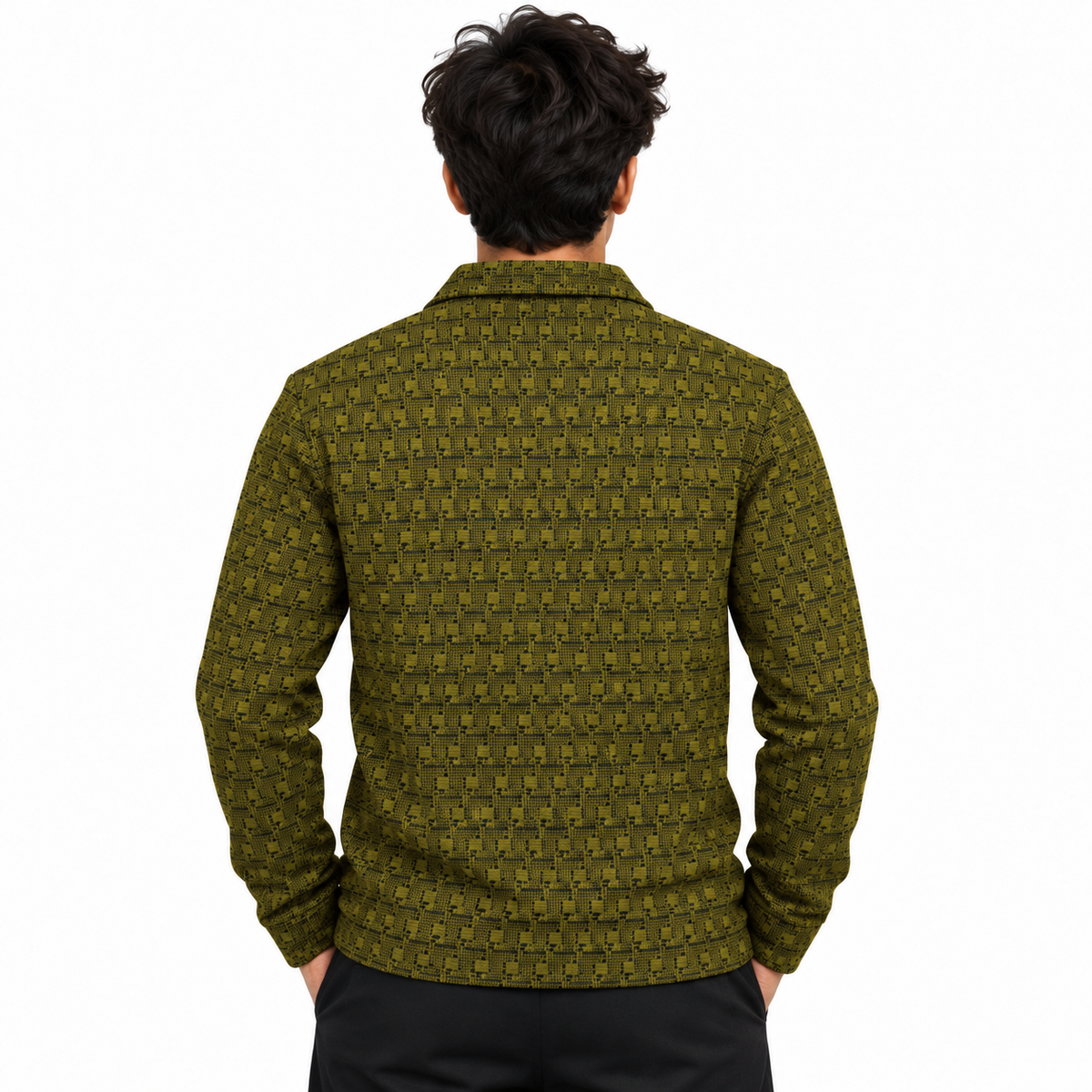Olive Mustard & Black Geometric Half-Zip Polo Sweatshirt – Unisex