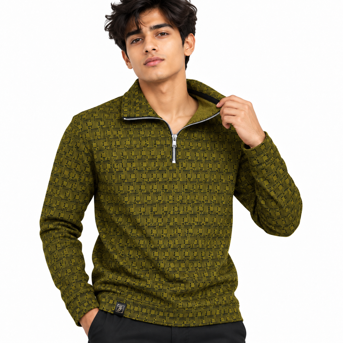 Olive Mustard & Black Geometric Half-Zip Polo Sweatshirt – Unisex