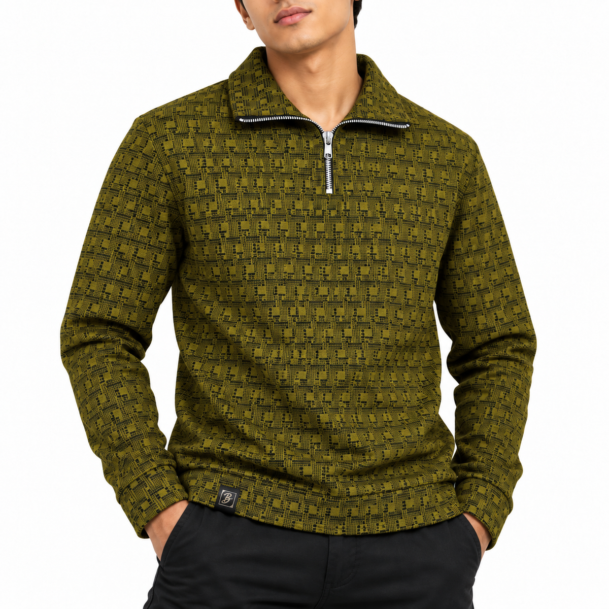 Olive Mustard & Black Geometric Half-Zip Polo Sweatshirt – Unisex