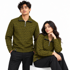 Olive Mustard & Black Geometric Half-Zip Polo Sweatshirt – Unisex