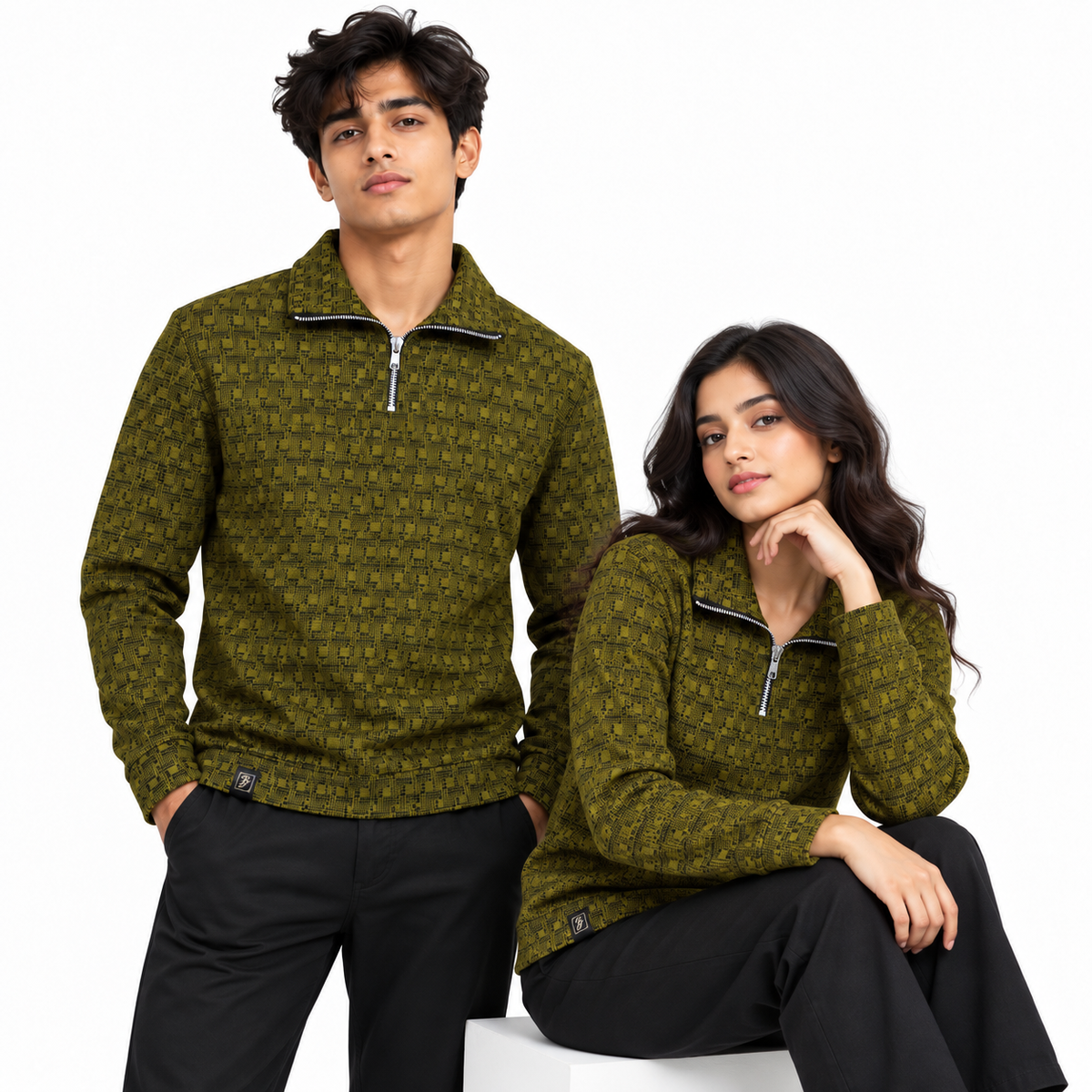 Olive Mustard & Black Geometric Half-Zip Polo Sweatshirt – Unisex
