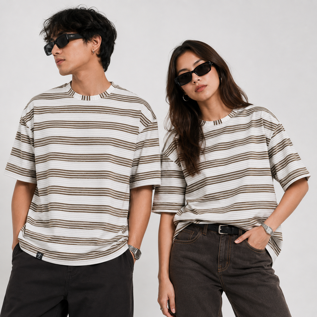 Oversized Striped T-Shirt - Crew Neck Tee - Brown
