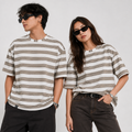 Oversized Striped T-Shirt - Crew Neck Tee - Brown