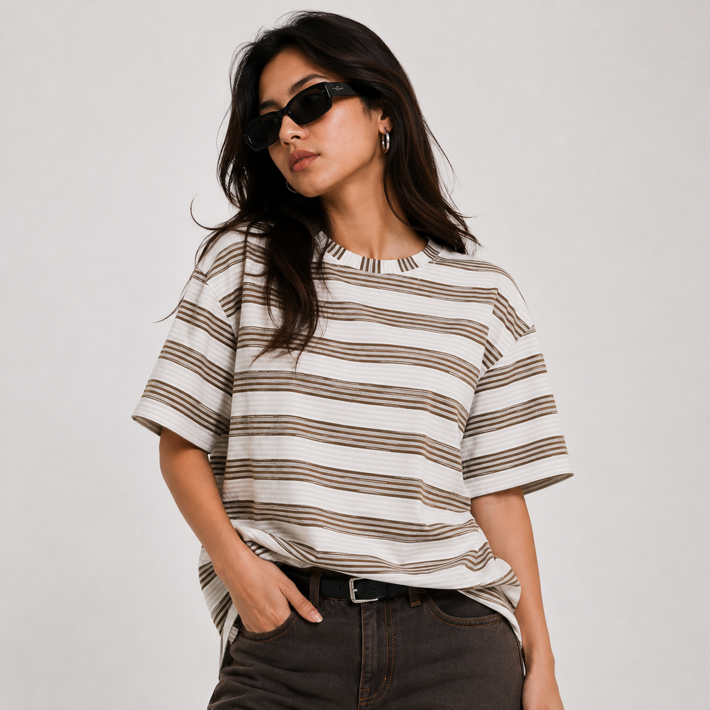 Oversized Striped T-Shirt - Crew Neck Tee - Brown