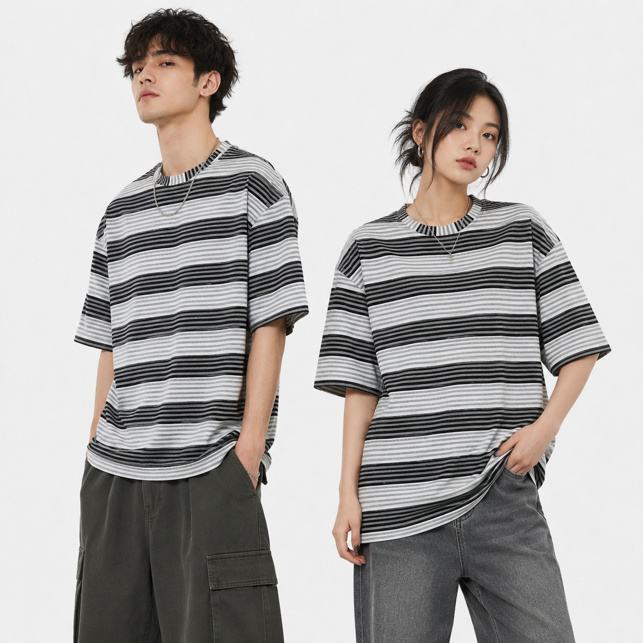 Oversized Striped T-Shirt - Crew Neck Tee - Dark Grey