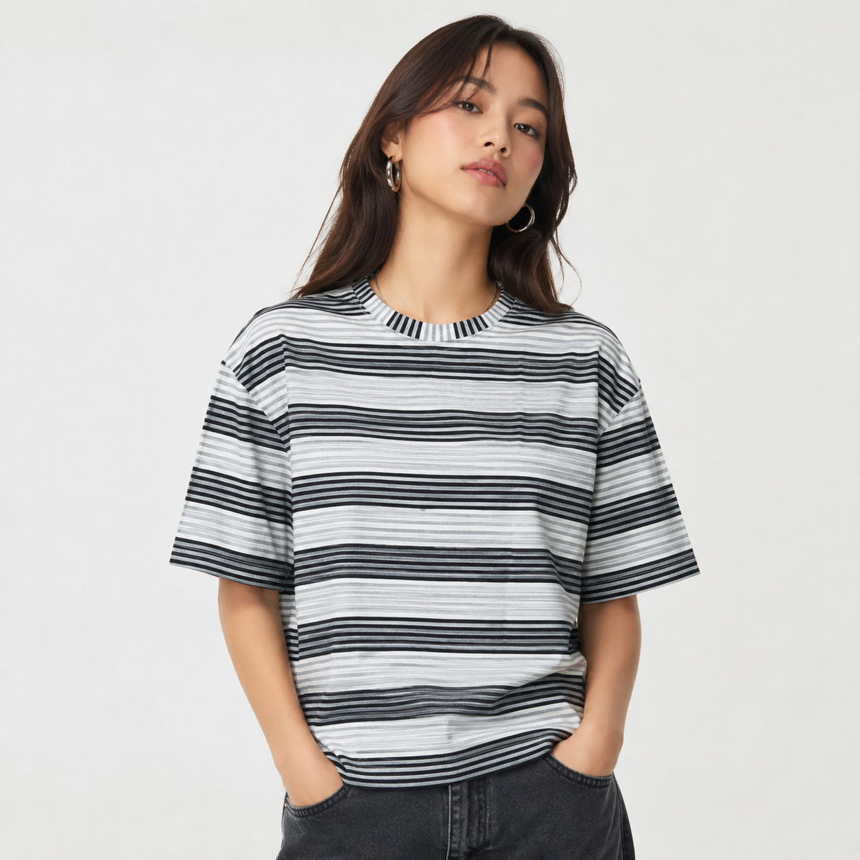 Oversized Striped T-Shirt - Crew Neck Tee - Dark Grey