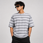 Oversized Striped T-Shirt - Crew Neck Tee - Light Grey