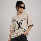 Embroidered Eyelet Drop Shoulder T-Shirt - Beige