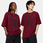 Embroidered Eyelet Drop Shoulder T-Shirt - Deep Maroon