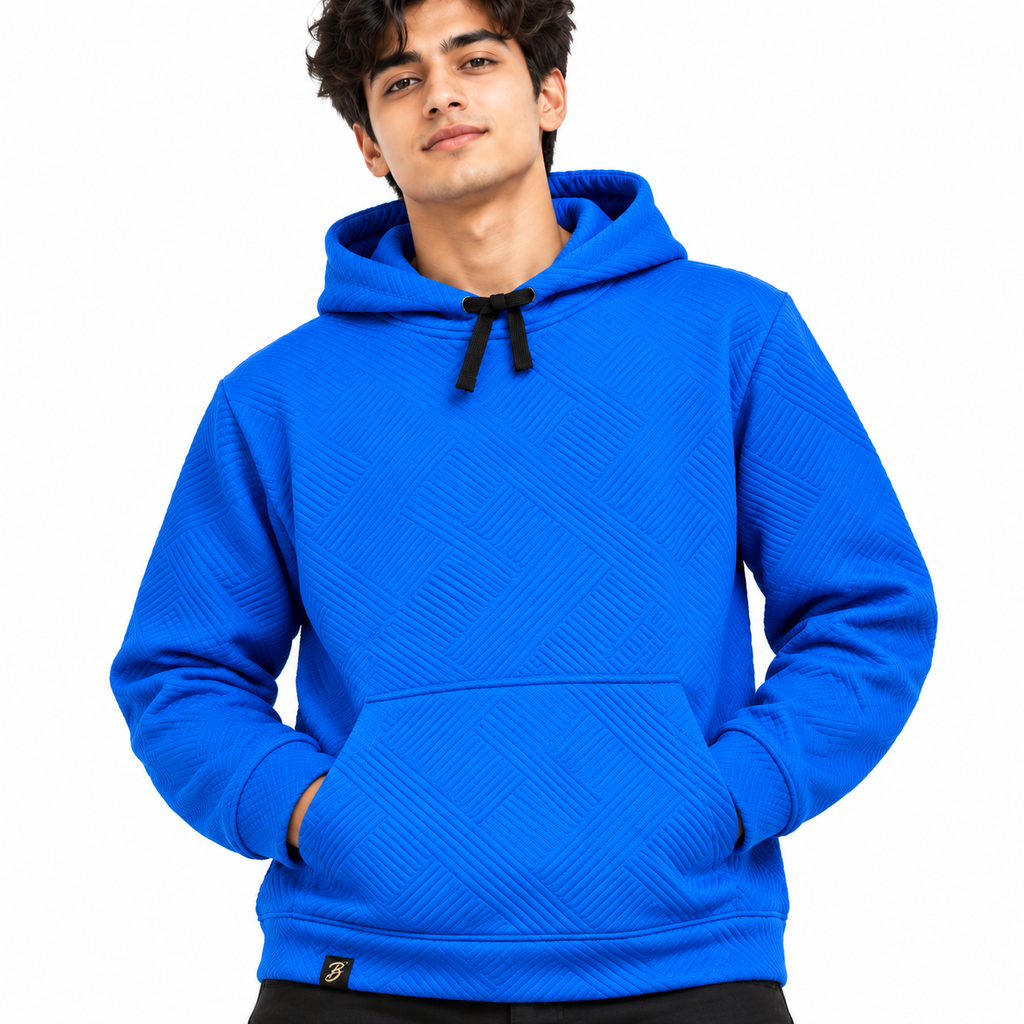 Royal Blue Basket-Weave Textured Pullover Hoodie – Unisex