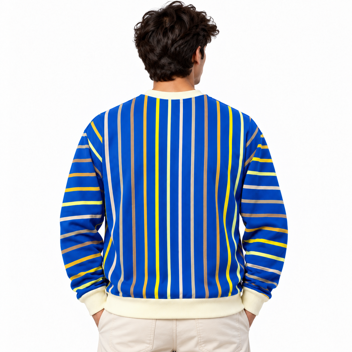 Royal Blue Multicolor Striped Crewneck Sweatshirt – Unisex