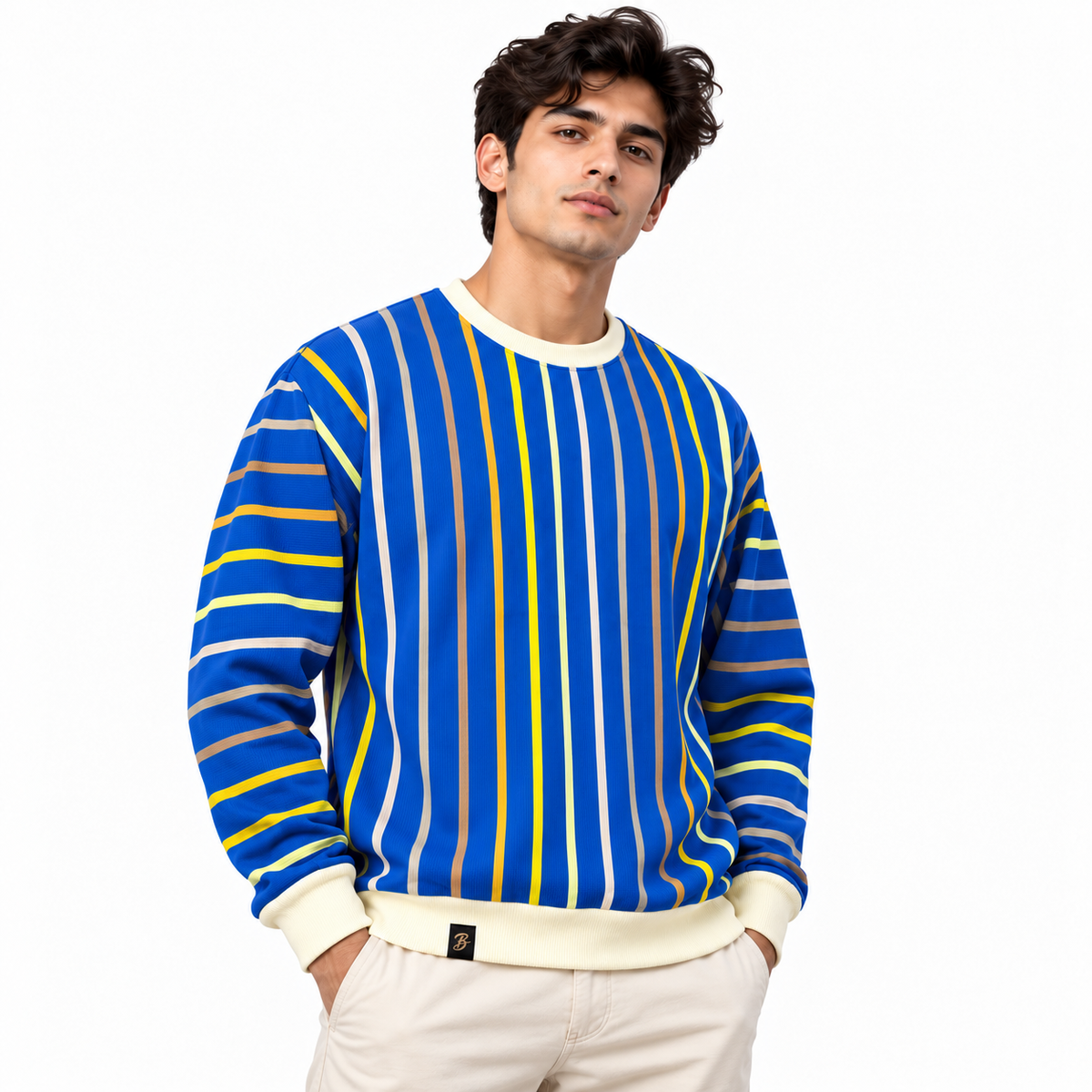 Royal Blue Multicolor Striped Crewneck Sweatshirt – Unisex