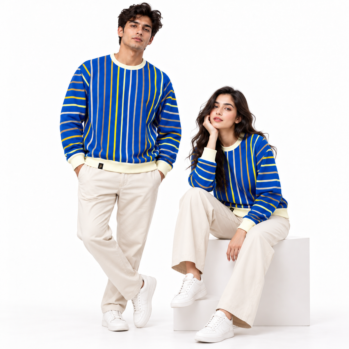 Royal Blue Multicolor Striped Crewneck Sweatshirt – Unisex