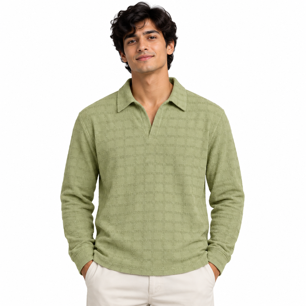 Sage Green Textured Check Polo Shirt – Unisex Long Sleeve