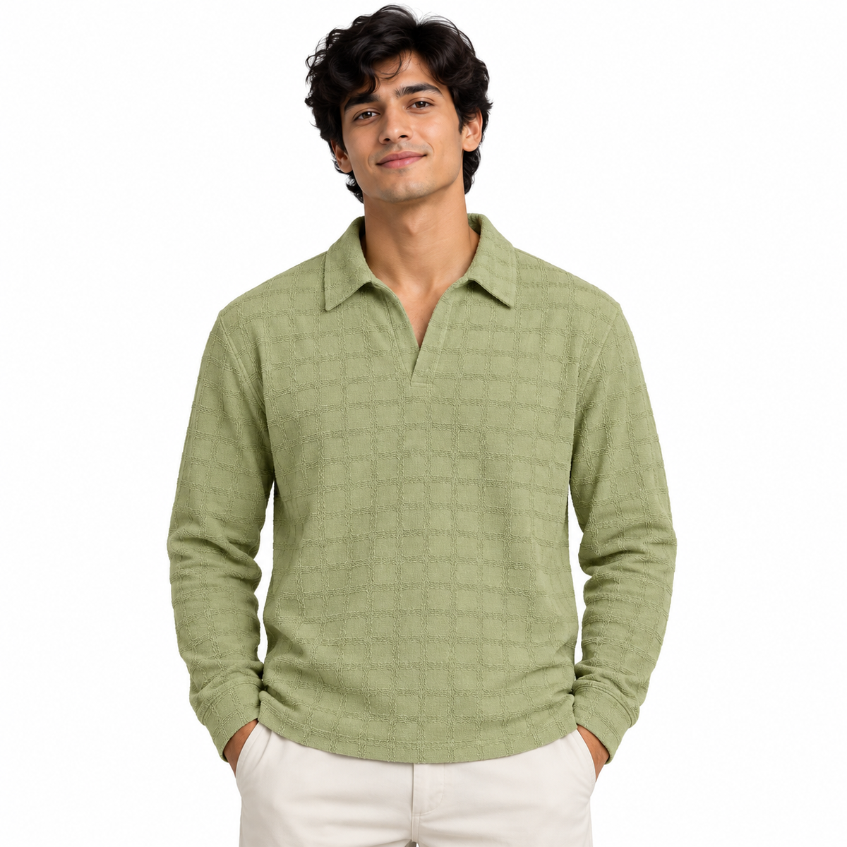 Sage Green Textured Check Polo Shirt – Unisex Long Sleeve