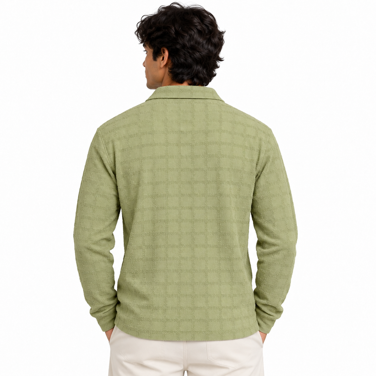 Sage Green Textured Check Polo Shirt – Unisex Long Sleeve