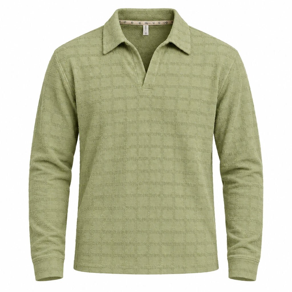 Sage Green Textured Check Polo Shirt – Unisex Long Sleeve