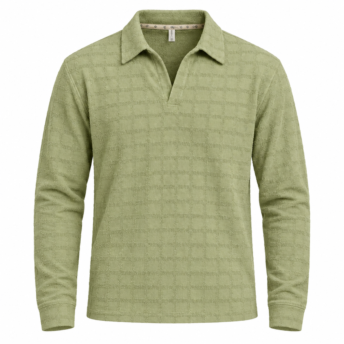 Sage Green Textured Check Polo Shirt – Unisex Long Sleeve