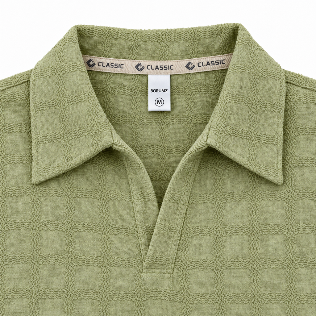 Sage Green Textured Check Polo Shirt – Unisex Long Sleeve