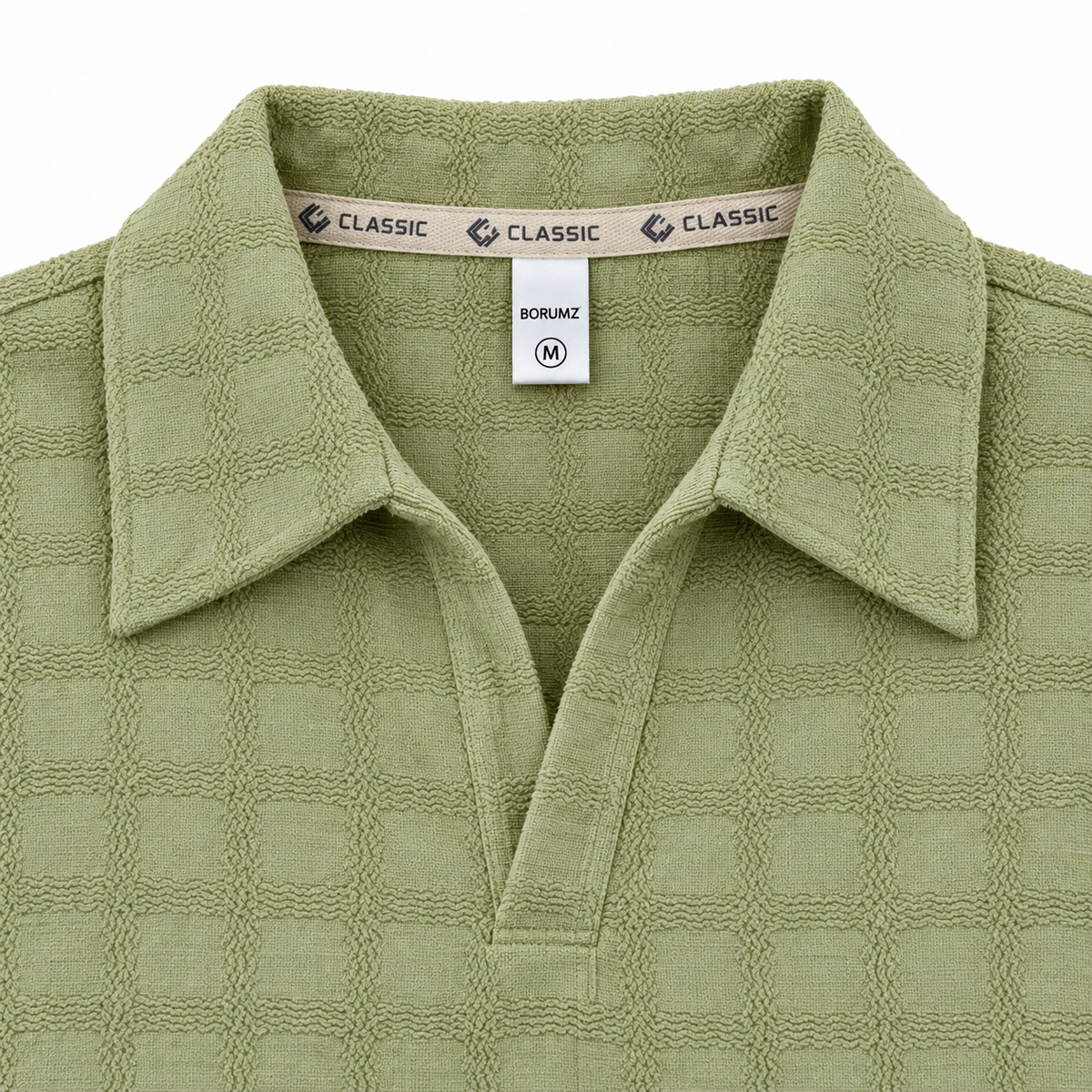 Sage Green Textured Check Polo Shirt – Unisex Long Sleeve