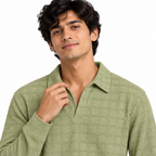 Sage Green Textured Check Polo Shirt – Unisex Long Sleeve