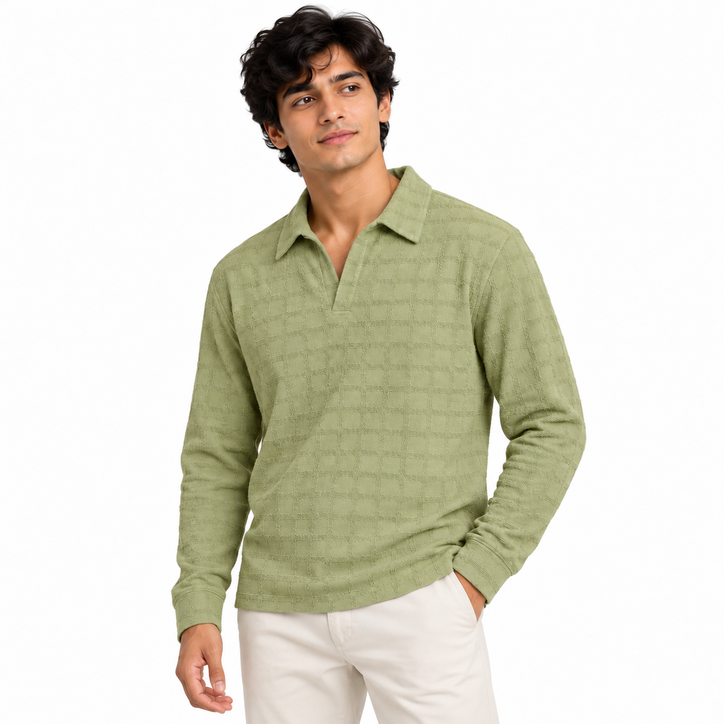 Sage Green Textured Check Polo Shirt – Unisex Long Sleeve