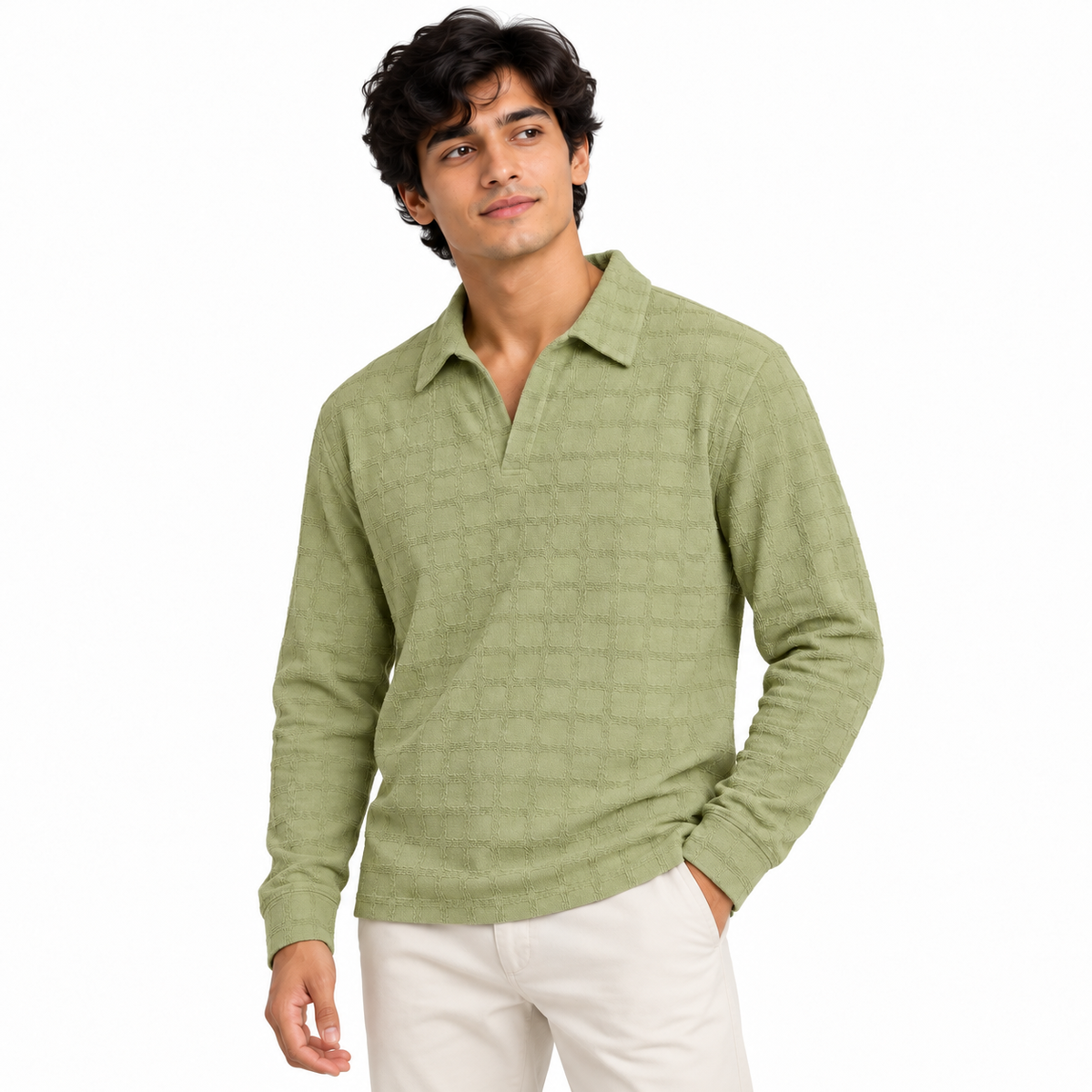 Sage Green Textured Check Polo Shirt – Unisex Long Sleeve