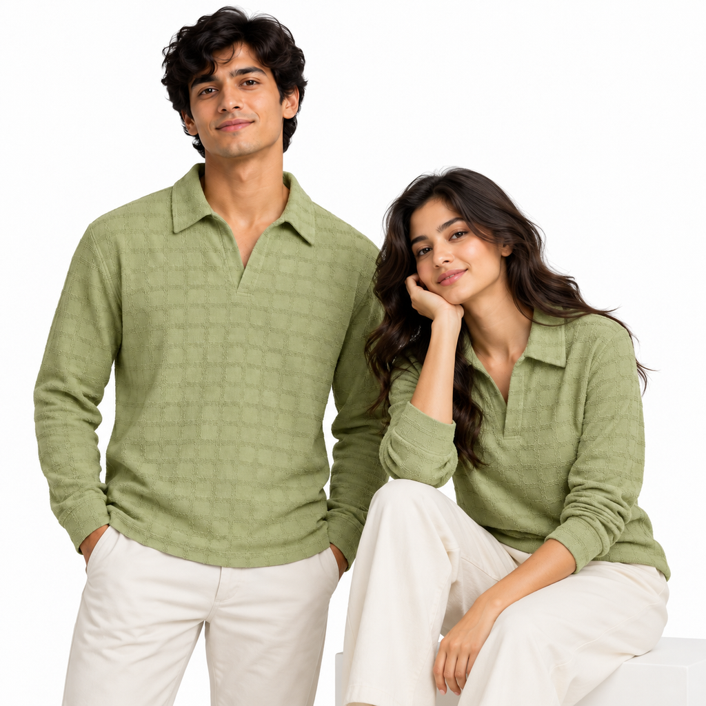 Sage Green Textured Check Polo Shirt – Unisex Long Sleeve
