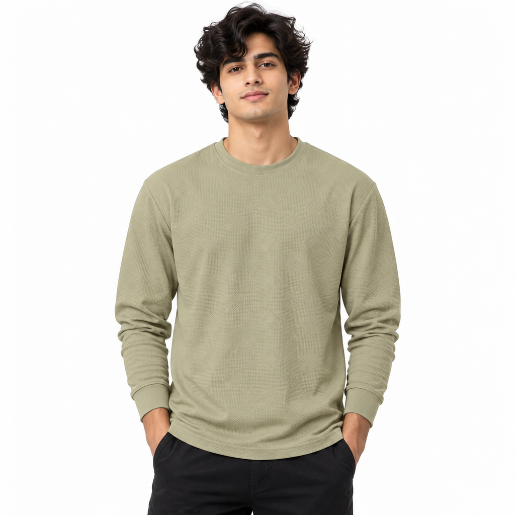 Sage Khaki Geometric Textured Crewneck Sweatshirt – Unisex