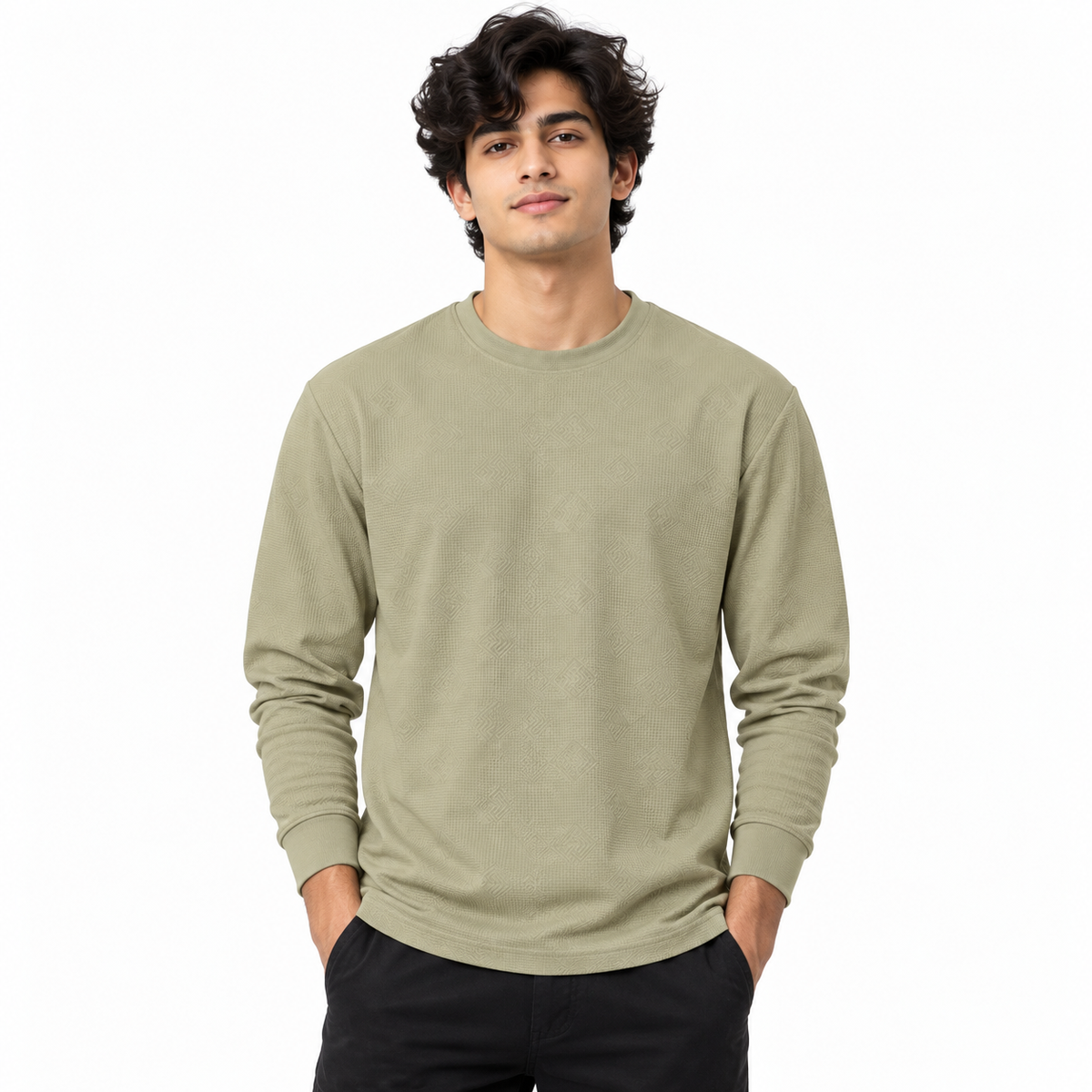Sage Khaki Geometric Textured Crewneck Sweatshirt – Unisex