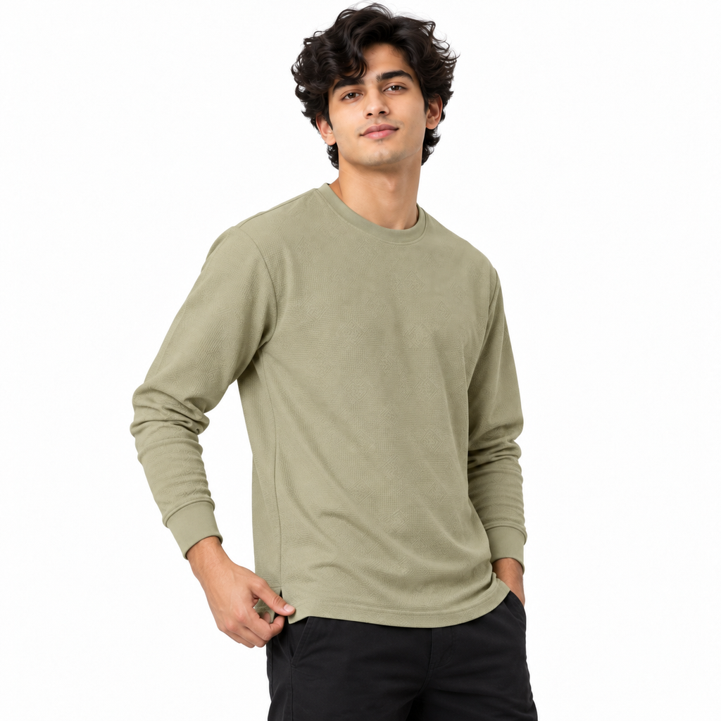 Sage Khaki Geometric Textured Crewneck Sweatshirt – Unisex